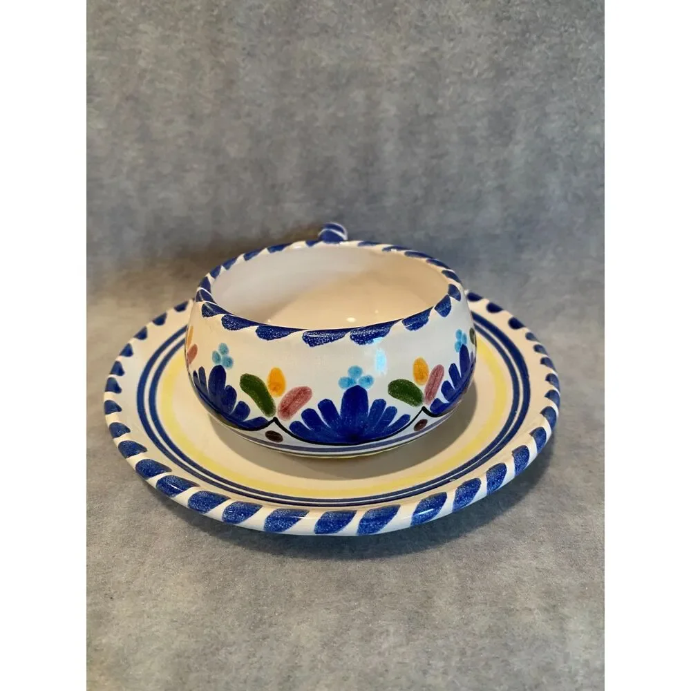 Hand Painted Cup and Saucer Spanish Blue White Rivas on‎ Bottom Spain